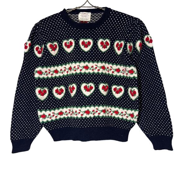 Vintage 80s Size M Susan Bristol Hand Embroidered Navy Sweater Rosette Hearts - Picture 1 of 7
